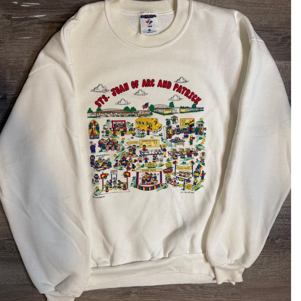 90s Jerzees Sts Joan of Arc and Patrick Graphic Sweatshirt White Crewneck Size L
